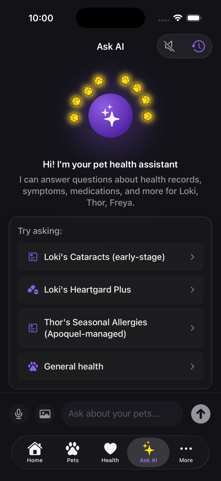 Ask AI home screen with suggested questions about the user's pets