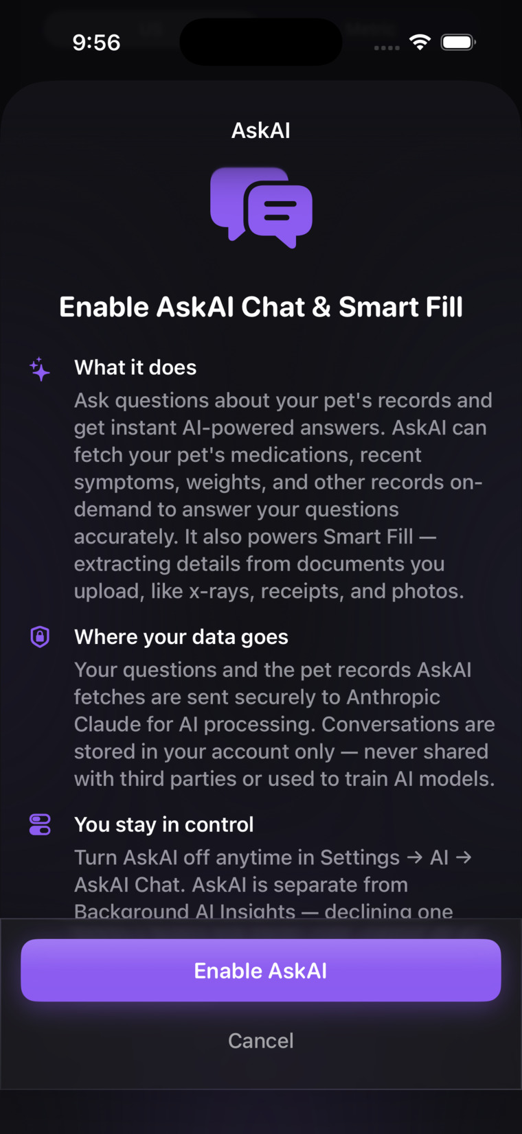 The app asking permission before turning on Ask AI chat and Smart Fill