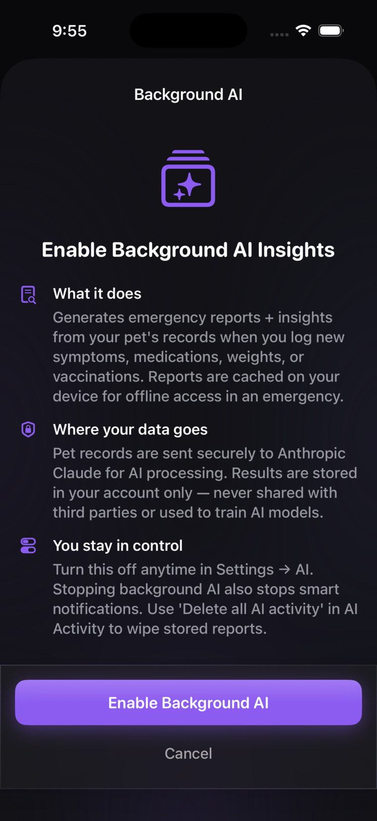 The app's consent screen before enabling Background AI — what it does, where your data goes, how to turn it off, with Enable and Cancel buttons