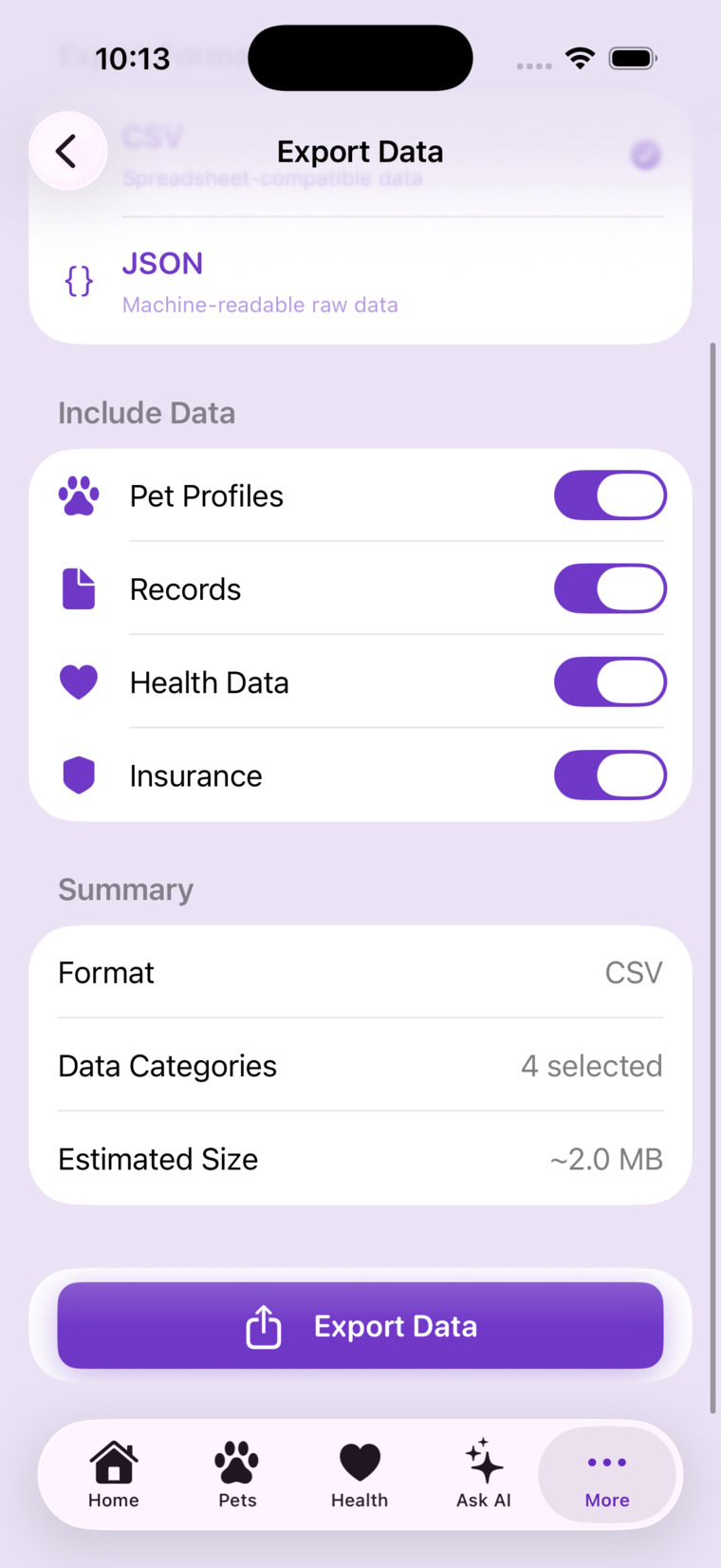 Export your data by category — as CSV or JSON