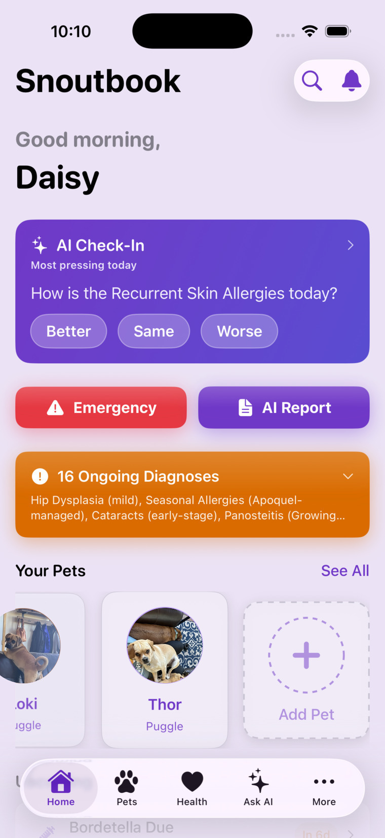 Snoutbook home — the AI Check-In, one-tap Emergency and AI Report, an ongoing-diagnoses banner, and your pets