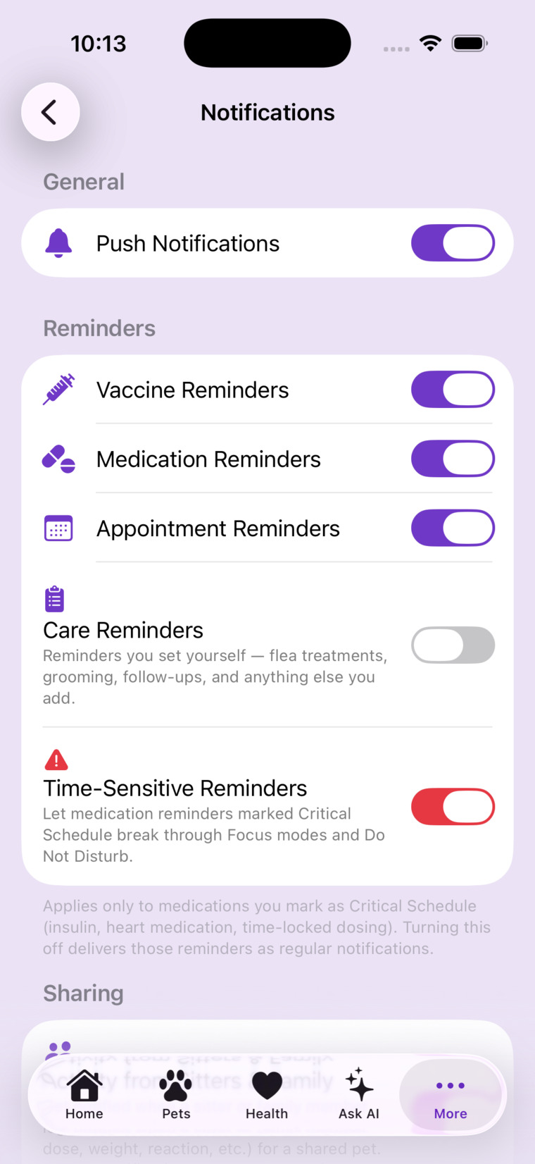 Notification settings in the app — reminder alerts and AI notifications, each with its own toggle