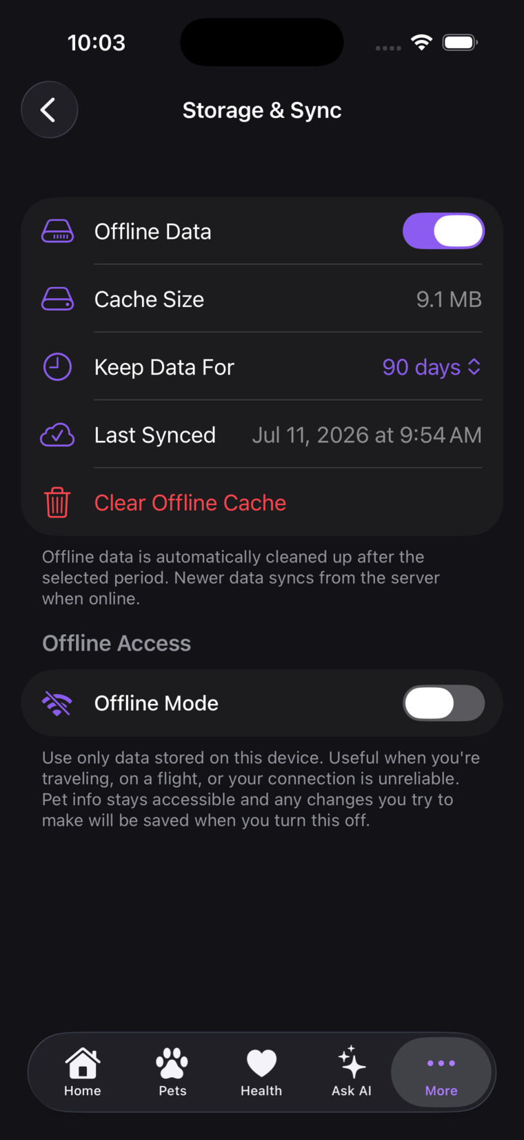 Offline Mode settings — cached data size, retention window, and the offline toggle