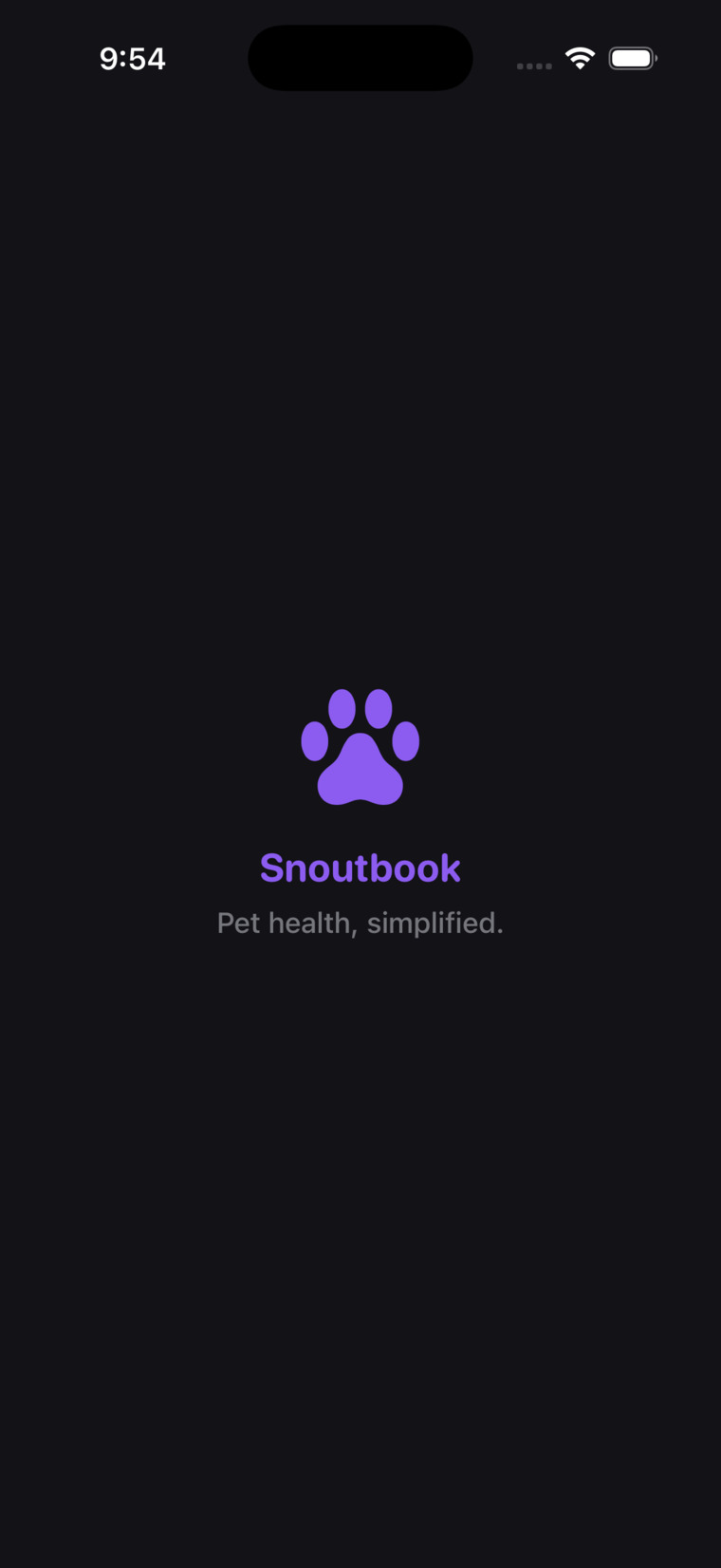 The Snoutbook app launching — the paw-print logo and the line 'Pet health, simplified.'