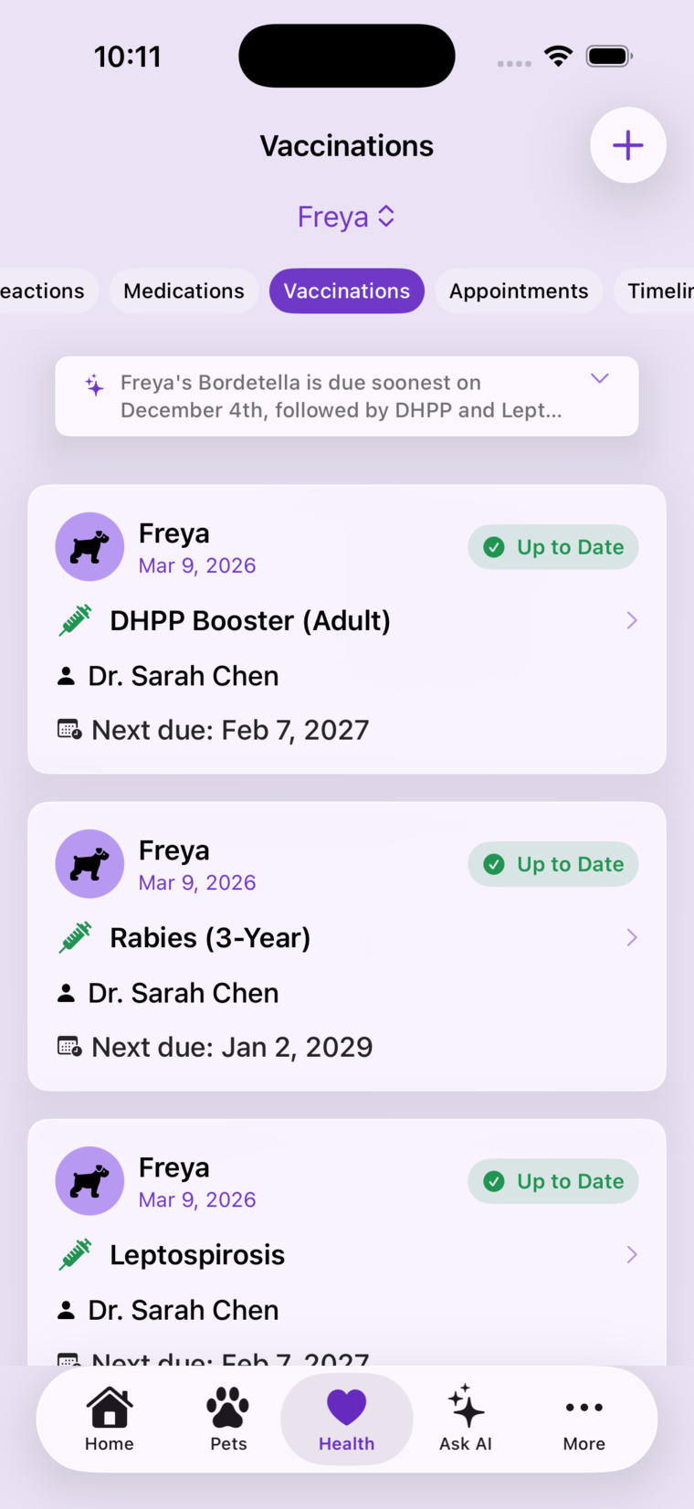 Vaccinations showing up-to-date status and next-due dates