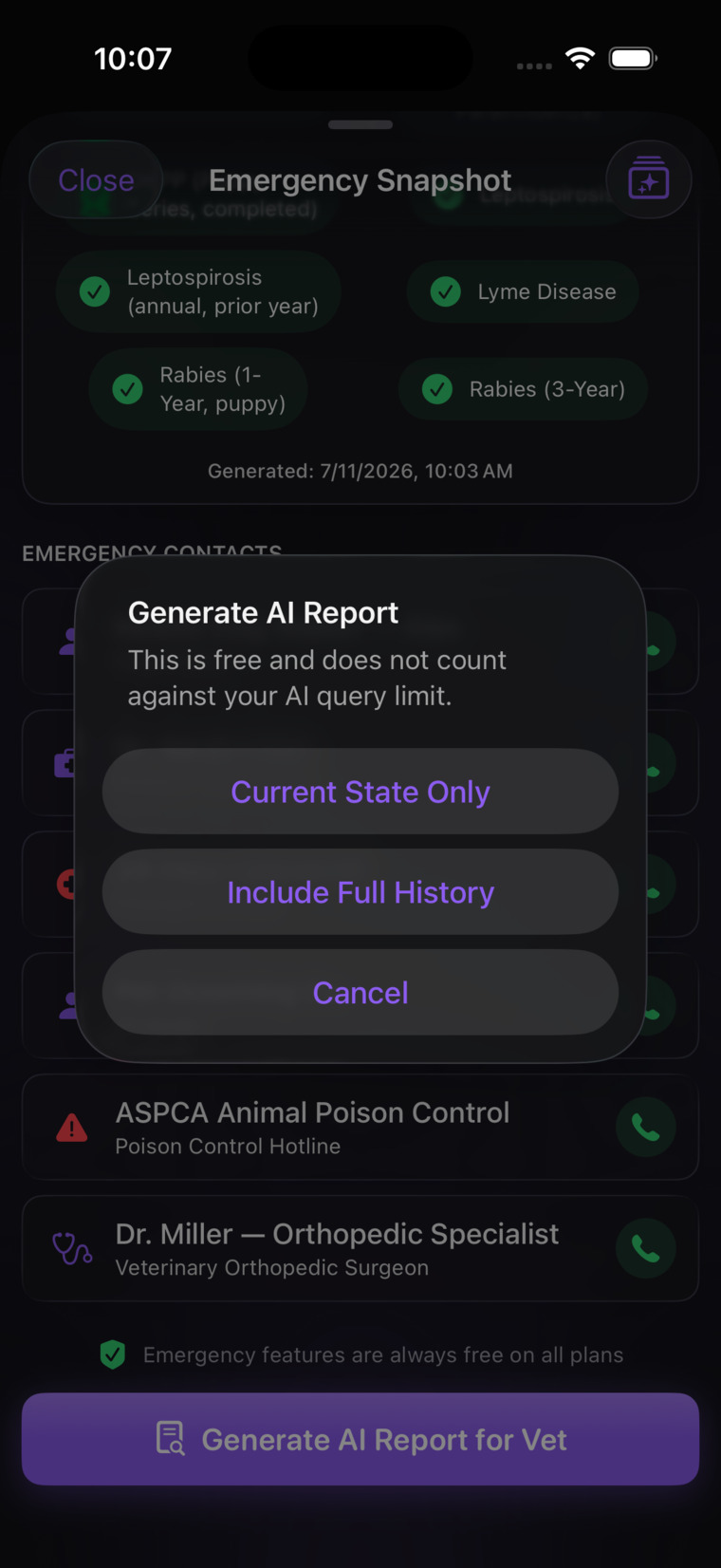 The Generate AI Report popup on the Emergency Snapshot screen, offering Current State Only or Include Full History, and noting it's free and won't count against the AI limit