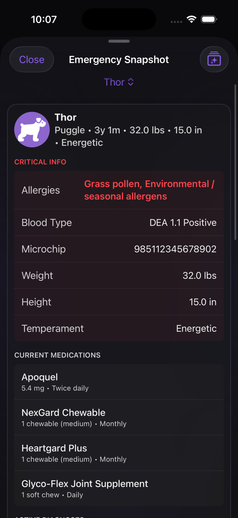Thor's Emergency Snapshot open in the app — critical allergies in red, blood type, microchip, and current medications: the offline, vet-ready report