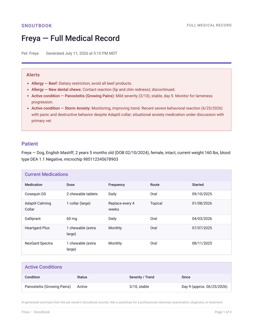 Page one of Freya's Full Medical Record: alerts, patient details, current medications and active conditions