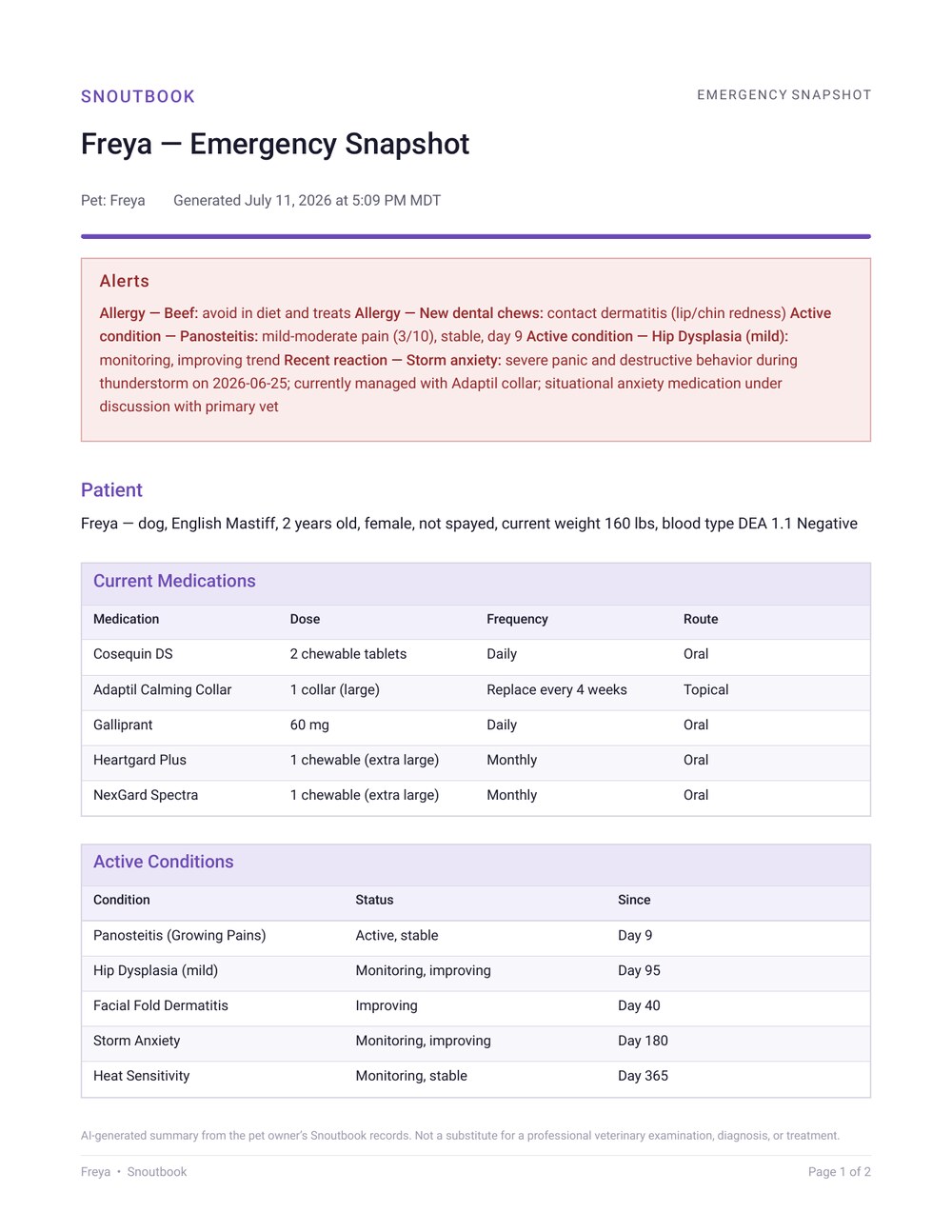 Page one of Freya's Emergency Snapshot: alerts, patient details, current medications and active conditions